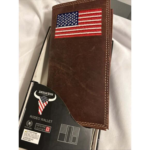 AMERICAN BISON LEATHER RODEO WALLET Genuine Leather Western Cowboy American Flag - Picture 7 of 11